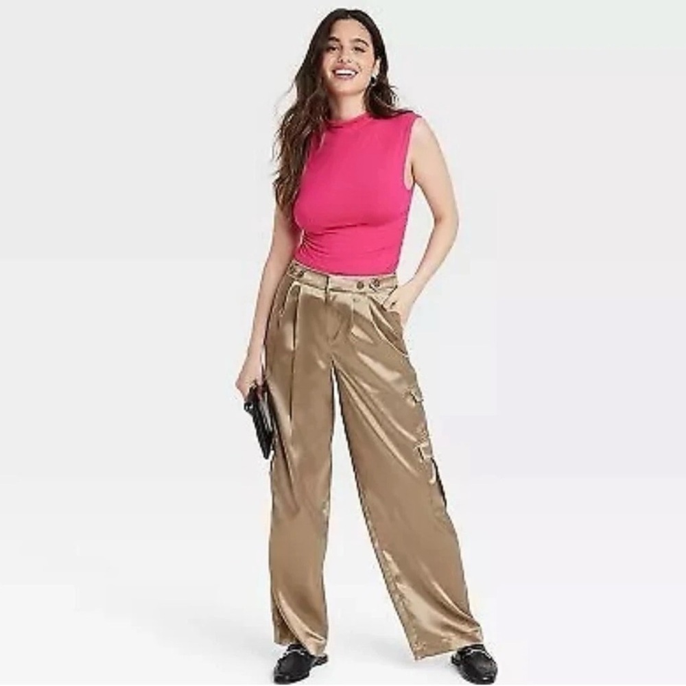 Women's Brown Cargo Belas Patch-Pocket Satin Trouser sz 8 wide leg trending